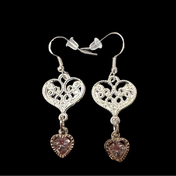 Victorian Heart with Cubic zirconia Heart Wire Hook Earrings in Silvertone - Picture 3 of 5